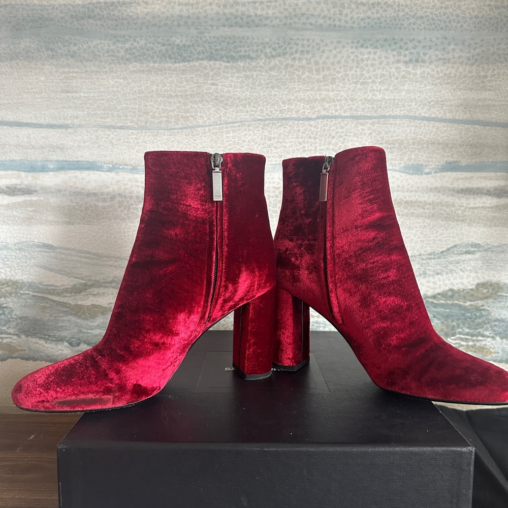 Saint Laurent Red Velvet Ankle Boots - Picture 8 of 13